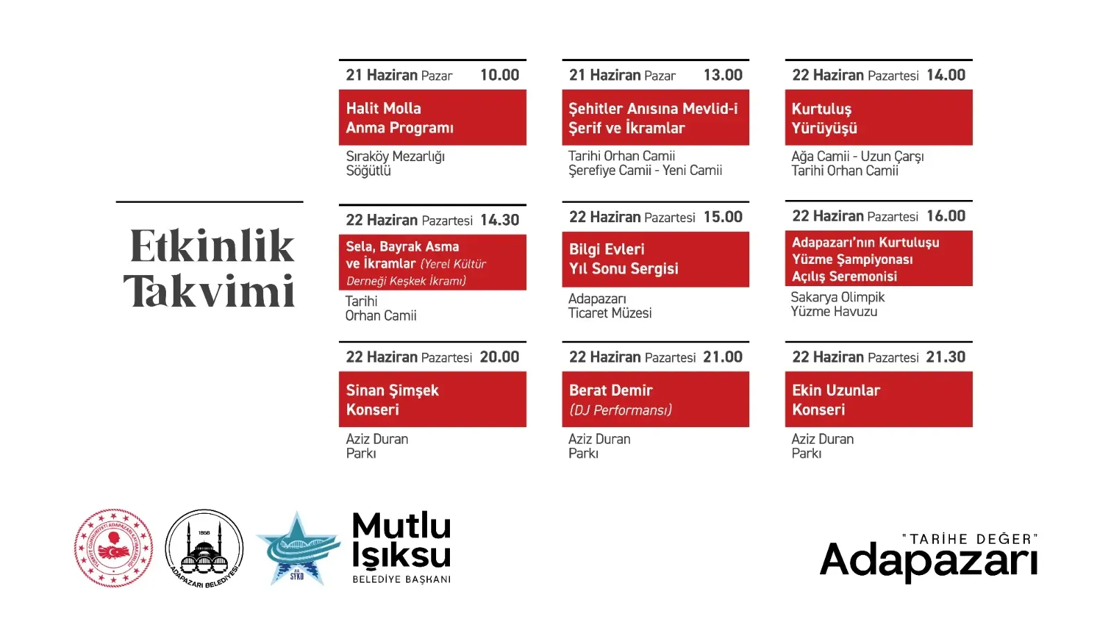 21 Haziran Adapazarinin 105 Yili Etkinlik Takvimi